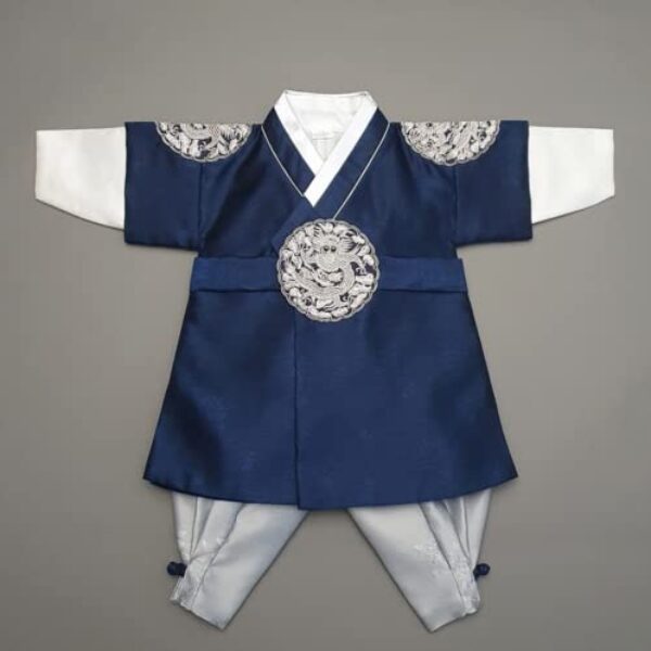 OUJIN I Korean Boy Navy Silver Hanbok 100days~15y/o Korean Traditional Dress Baby Boy Kids Hanbok (Size 1)