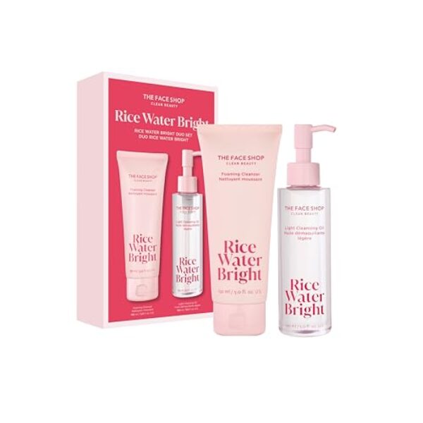 The Face Shop Rice Water Bright Double Cleansing Duo Set with Ceramide, Korean Skin Care, Gentle Face Wash & Pore Control Cleansing Oil, Hydrating, Moisturizing, Vegan Facial Cleanser, Makeup Remover