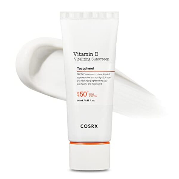 COSRX Vitamin E Vitalizing Face Sunscreen SPF 50, 1.69 fl oz, SPF Moisturizer, Lightweight under Makeup, Travel Essentials, Summer Essentials, Korean Skin Care, Korean Sunscreen for Face