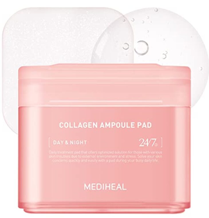 MEDIHEAL Collagen Ampoule Pad – Square Cotton Facial Toner Pads Collagen & Ceramide - Skin Firming & Restore Elasticity - Tighten Wrinkles & Lines - Vegan Eco Silk Pads, 100 Pads