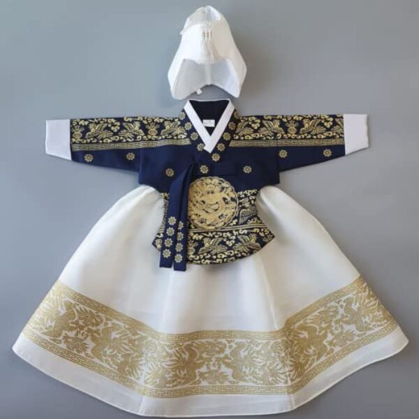 OUJIN I Korean Baby Girl Hanbok for 100days~15y/o Ivory Navy Foil Girl Kids Hanbok (as1, age, 3_months, Gold)