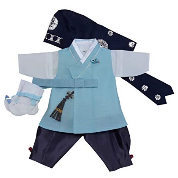 100 Day Birth Korea Baby Boy Hanbok Traditional Dress Outfits Celebration Party Light Blue Set