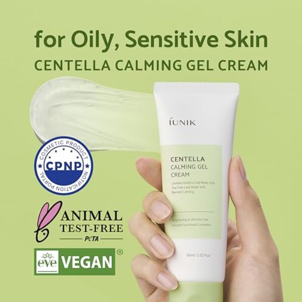 IUNIK Centella 70% Calming Gel Cream Vegan Non-Sticky Moisturizing Blemish Care w/Centella Asiatica Tea Tree 10% Soothes Acne Rosacea Oily & Sensitive Skin Korean Skincare