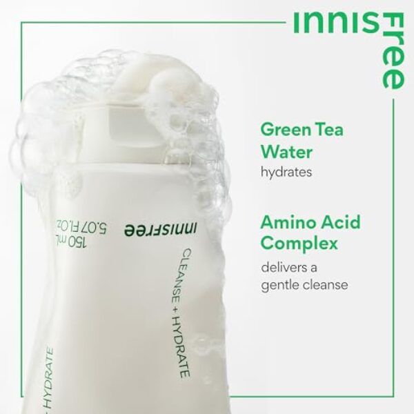 innisfree Green Tea Amino Acid Cleansing Foam, Sulfate Free, Korean Hydrating Face Cleanser with Gentle Foam