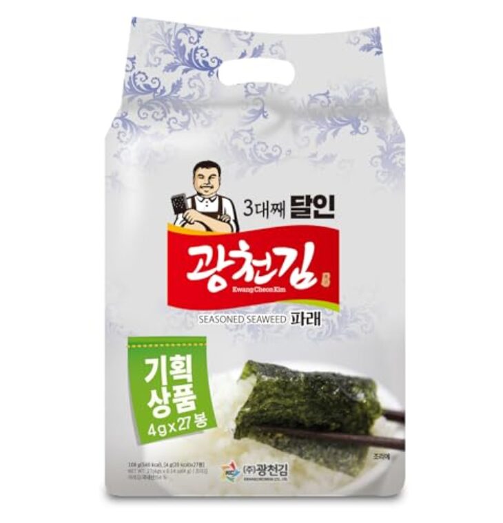 Kwangcheonkim Seasoned Seaweed Snacks Sheets – 27 Individual Packs Roasted Premium Natural Laver 4g x 27 Pack Net 108 Grams 김 のり 海苔 紫菜