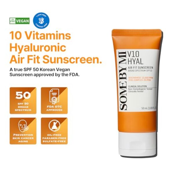 SOME BY MI V10 Hyal Air Fit Sunscreen - 1.69Oz, 50ml - Daily Moisturizing SPF 50 Korean Sunscreen for Face with UV Protection - No White Cast and Eye Irritation for Sensitive Skin - Korean Skin Care