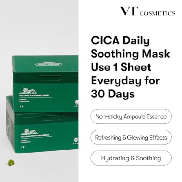 VT COSMETICS Daily Soothing Mask 30ea, Facial Sheet Mask for Moist & Hydrating, 30 Day Supply, Centella Asiatica Face Mask