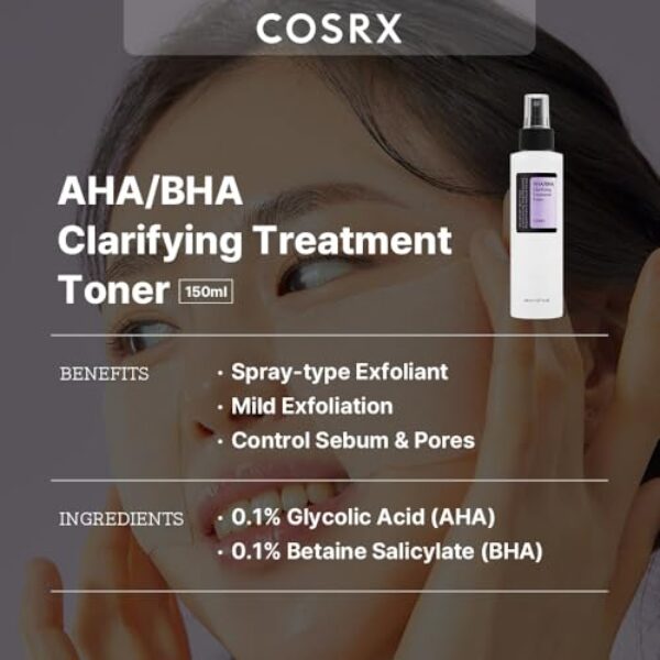 COSRX AHA/BHA Treatment Toner 5.07 fl.oz/ 150ml, Facial Exfoliating Spray for Whiteheads, Pores, & Uneven Skin, Korean Toner, Not Tested on Animals, No Parabens, No Sulfates, Korean Skin Care