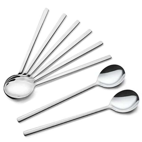 IQCWOOD Spoons, 8 Pieces Stainless Steel Korean Spoons,8.5 Inch Soup Spoons, Korean Spoon with Long Handles, Rice Spoon, Asian Soup Spoon for Home, Kitchen, or Restaurant