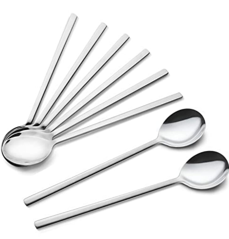 IQCWOOD Spoons, 8 Pieces Stainless Steel Korean Spoons,8.5 Inch Soup Spoons, Korean Spoon with Long Handles, Rice Spoon, Asian Soup Spoon for Home, Kitchen, or Restaurant