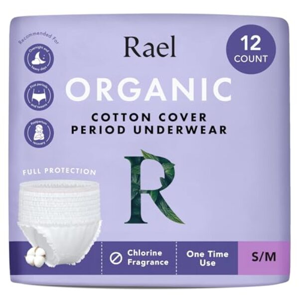 Rael Disposable Underwear for Women, Organic Cotton Cover - Incontinence Pads, Postpartum Essentials, Disposable Underwear, Unscented, Maximum Coverage (Size S-M, 12 Count)