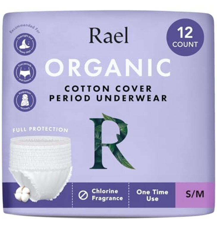 Rael Disposable Underwear for Women, Organic Cotton Cover - Incontinence Pads, Postpartum Essentials, Disposable Underwear, Unscented, Maximum Coverage (Size S-M, 12 Count)