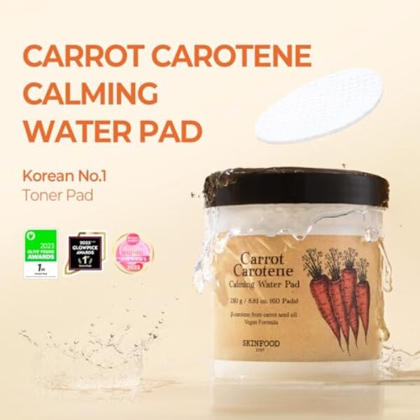 SKINFOOD Carrot Carotene Calming Water Pad 250g (8.81 oz.) 60 Sheets- Redness Relief Soothing Facial Toner Pads for Sensitive Skin, Cruelty Free, Valentine Day Gift