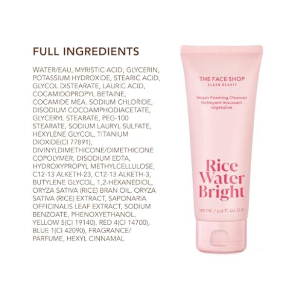 The Face Shop Rice Water Bright Foaming Facial Cleanser with Ceramide, Gentle Face Wash for Hydrating & Moisturizing, Vegan Face Cleanser, Makeup Remover, Korean Skin Care for All Skin Types, 150ml