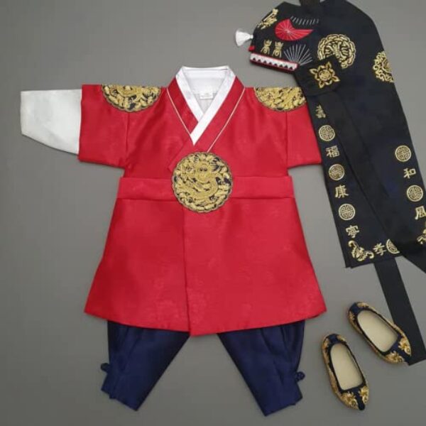 OUJIN I Korean Boy Gold Embroidery Hanbok 100days~10y/o Korean Traditional Dress Baby Boy Kids Hanbok 2 Colors (Red, Size 100)