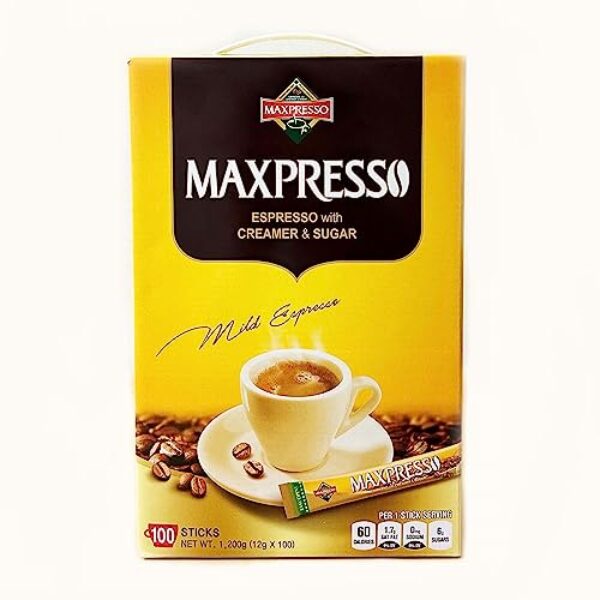 Maxpresso 3 in 1 Korean Instant Coffee Mix - Single Serve Sticks 100 Packets with Creamer and Sugar Premium Hot or Iced Coffee Blend Rich Flavor