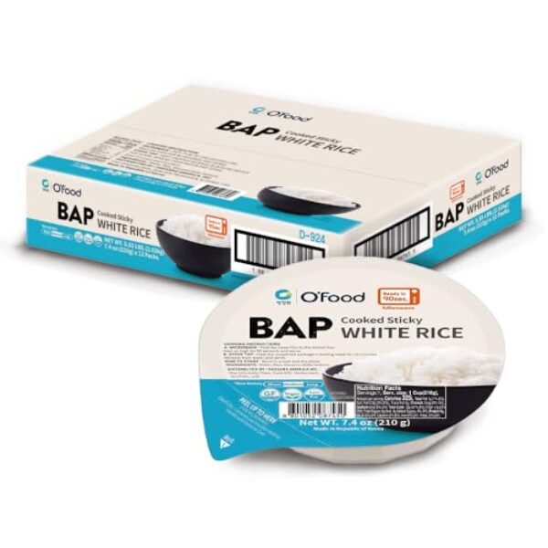 O'Food BAP Instant Rice (Pack of 12), Korean Cooked White Rice, Microwavable, Gluten-Free Sticky Rice Bowl, Asian Rice, Pantry Staple, Microwave Safe, Perfect with Kimchi, Noodles, Soup