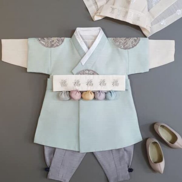 OUJIN I Korean Mint Boy Hanbok 100days~10y/o Korean Traditional Dress Baby Boy Kids Hanbok (as1, Age, 3_Months)