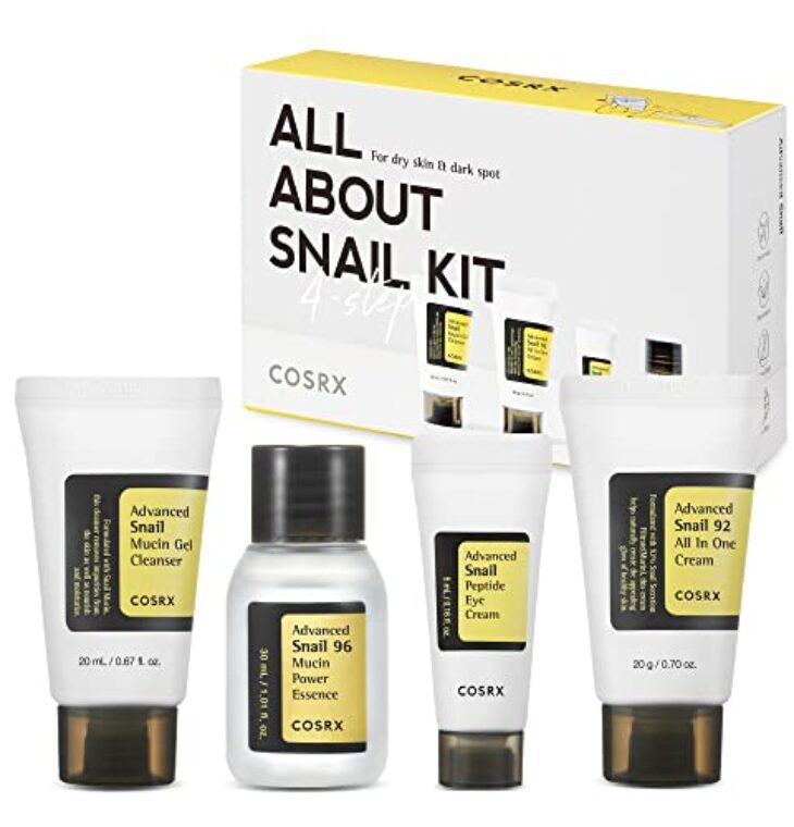 COSRX All About Snail Mucin Korean Skin Care Set, Mini Travel Essentials, Travel Size Gift Set with Snail Mucin Face Wash, Serum, Moisturizer & Eye Cream, Rejuvenating Kit