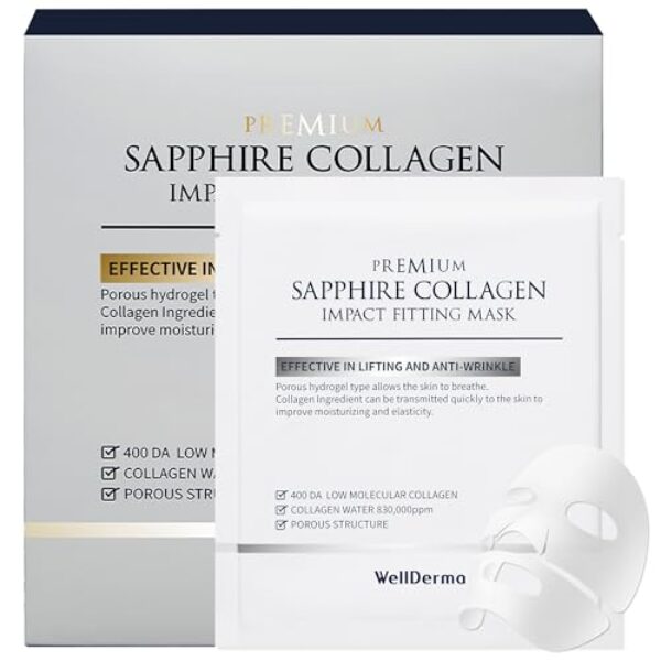 WELLDERMA Sapphire Collagen Face Mask 4ea - Overnight Hydrating & Firming Korean Hydrogel Mask with High Norwegian Collagen Content - Deep Absorption, Moisturizing, Elasticity Boost for All Skin Types