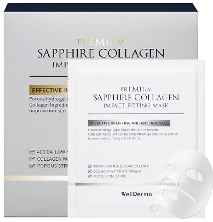 WELLDERMA Sapphire Collagen Face Mask 4ea - Overnight Hydrating & Firming Korean Hydrogel Mask with High Norwegian Collagen Content - Deep Absorption, Moisturizing, Elasticity Boost for All Skin Types