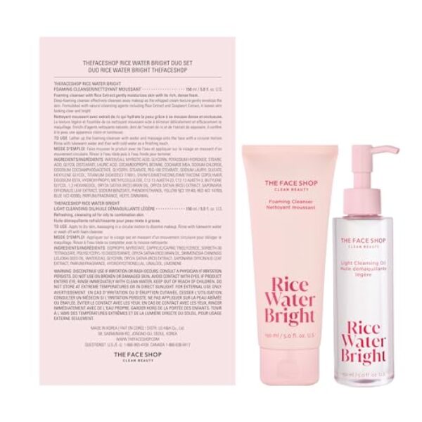 The Face Shop Rice Water Bright Double Cleansing Duo Set with Ceramide, Korean Skin Care, Gentle Face Wash & Pore Control Cleansing Oil, Hydrating, Moisturizing, Vegan Facial Cleanser, Makeup Remover