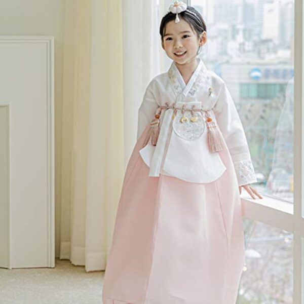 OUJIN I Striped Sleeves Coral Dangui Girl Hanbok for 100~15y/o Korean Dress Baby Kids Hanbok Dol Baekil (as1, Age, 1_Year)