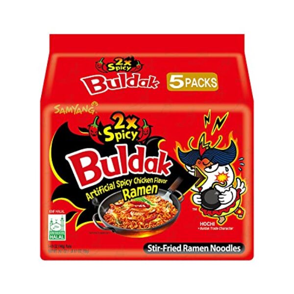 Samyang Buldak Hot Chicken Ramen, Korean Stir-Fried Instant Noodle, 2X Spicy, 4.94 OZ(140g), Pack of 5