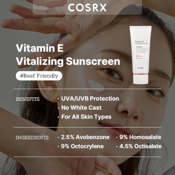 COSRX Vitamin E Vitalizing Face Sunscreen SPF 50, 1.69 fl oz, SPF Moisturizer, Lightweight under Makeup, Travel Essentials, Summer Essentials, Korean Skin Care, Korean Sunscreen for Face