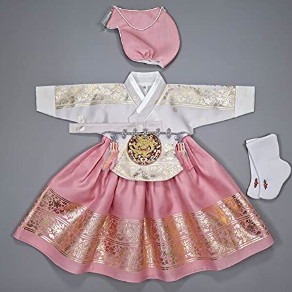 Girl Baby Hanbok First Birthday Party Celebration Hanbok Set Korean Traditional Costumes 100th days-8 Ages Gold Print osg001 (1 Age Full Set)