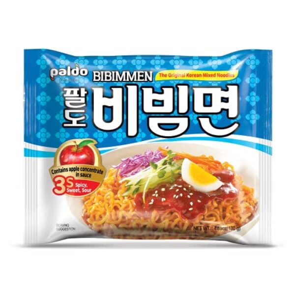 Paldo Fun & Yum Bibim Men Instant Cold Noodles, Pack of 20, Brothless Cold Ramen with Sweet & Spicy Seasoning Sauce, Oriental Style Korean Ramyun, Soupless K-Food, Family Pack (130g x 20)