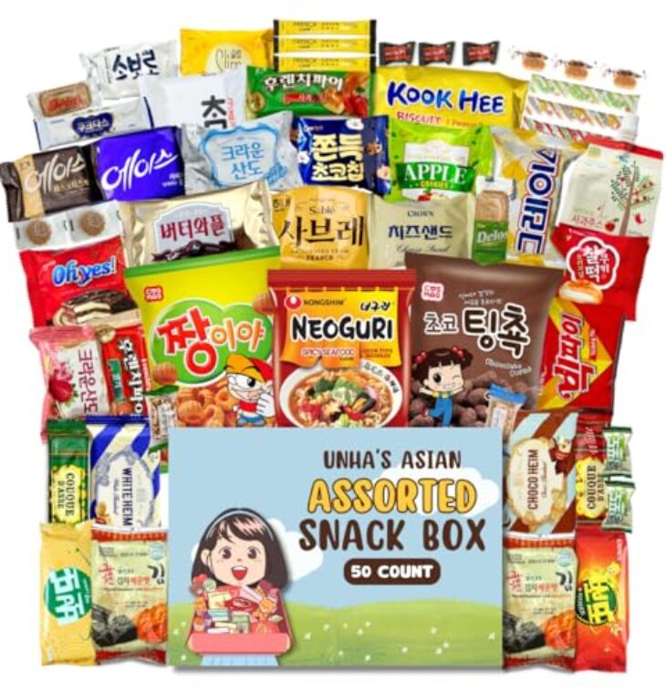 Korean Snack Box Variety Pack - 50 Count Individual Wrapped Gift Care Package Bundle Sampler Assortment Mix Candy Chips Cookies Treats for Kids Children College Students Adult