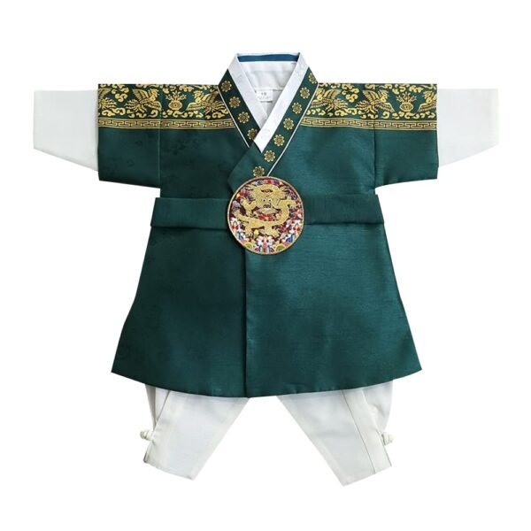 OUJIN I Korean Boy Foil Green Hanbok 100days, 12month Korean Traditional Dress Baby Boy Kids Hanbok (Size 1)