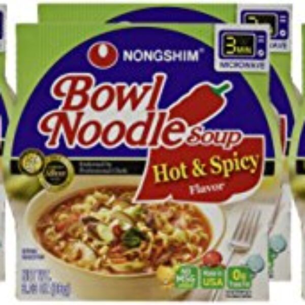 Nongshim Hot & Spicy Instant Ramen Noodle Bowl Soup Mix, 6 Pack, Includes Fish Cakes, Crisp Carrot & Green Onion Topping