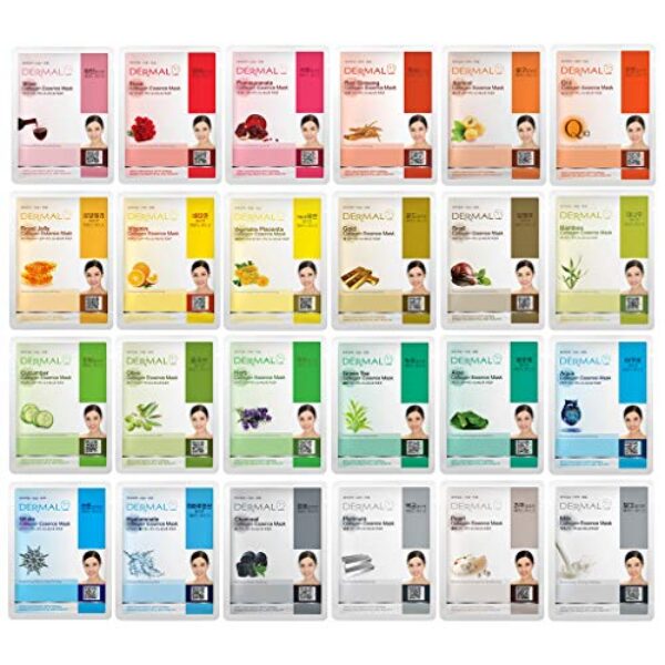 DERMAL 24 Combo Pack A Collagen Essence Korean Face Mask - Hydrating & Soothing Facial Mask with Panthenol - Hypoallergenic Self Care Sheet Mask for All Skin Types - Natural Home Spa Treatment Mask