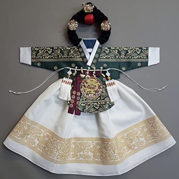 OUJIN I Korean Baby Girl Hanbok for 100days~15y/o Gold Foil Dangui Girl Hanbok Kids Hanbok (Green, 5T)