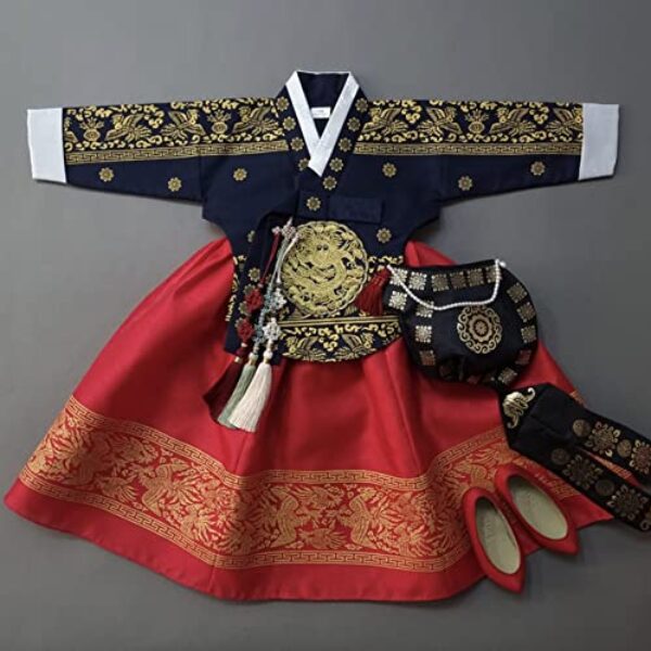 OUJIN I Korean Baby Girl Hanbok for 100days~15y/o Navy Red Foil Girl Kids Hanbok (12 months)