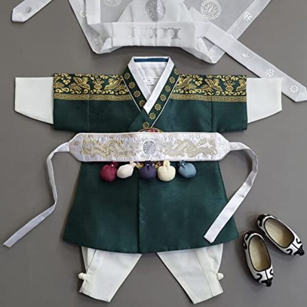 OUJIN I Korean Boy Foil Green Hanbok 100days, 12month Korean Traditional Dress Baby Boy Kids Hanbok (Size 1)