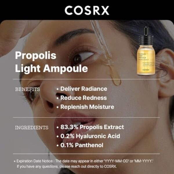 COSRX Propolis Ampoule, Glow Boosting Serum for Face with 73.5% Propolis Extract, 1.01fl.oz/30ml, Hydrating Essence for Sensitive Skin, Fine Lines, Uneven Skintone, Korean Skin Care