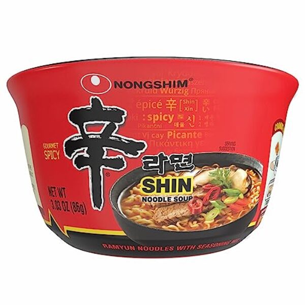 Nongshim Gourmet Spicy Shin Noodle Soup Bowl, 12 Pack, Microwaveable Ramyun Soup Noodles, No MSG Added