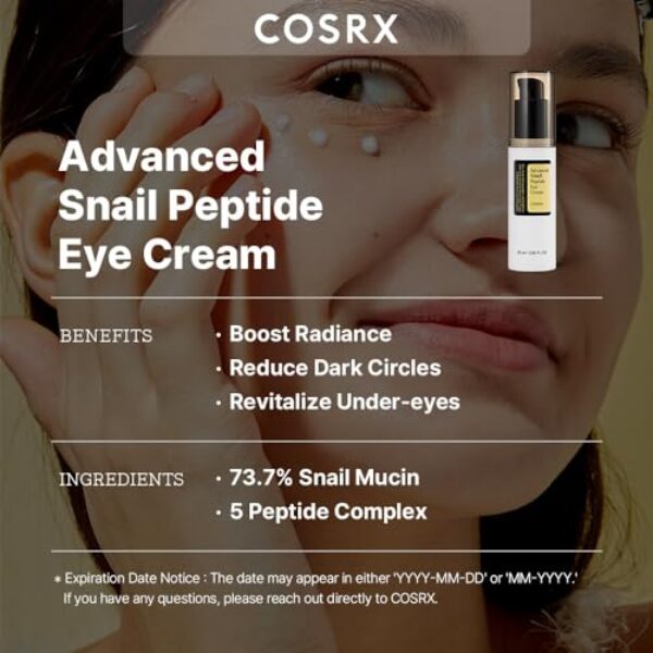 COSRX Snail Mucin Peptide Under Eye Cream, 0.84 fl oz, 73.7% Snail Mucin and Niacinamide, Eye Care, Eye Cream Anti Aging, Dark Circles, Korean Skin Care