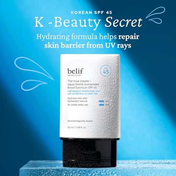 belif Aqua Bomb SPF 45 Hydrating Niacinamide Sunscreen (1.69 fl. oz) - The True Cream PA++++, Daily Broad Spectrum, No White Cast, Weightless & Invisible, Non-Greasy, Korean Skincare