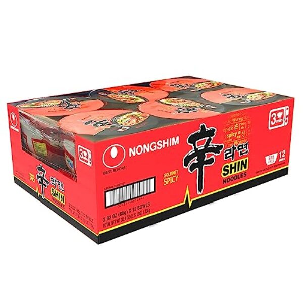 Nongshim Gourmet Spicy Shin Noodle Soup Bowl, 12 Pack, Microwaveable Ramyun Soup Noodles, No MSG Added