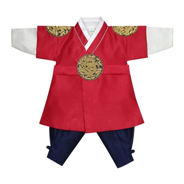 OUJIN I Korean Boy Gold Embroidery Hanbok 100days~10y/o Korean Traditional Dress Baby Boy Kids Hanbok 2 Colors (Red, Size 100)