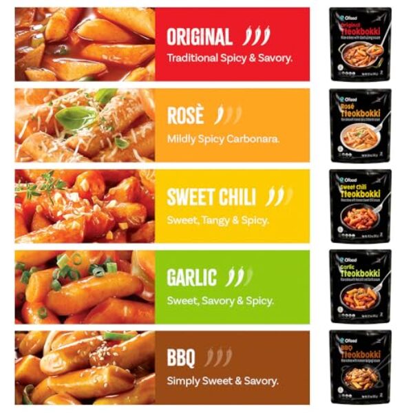 Chung Jung One O'Food Tteokbokki Variety Pack, Pack of 5, Instant Korean Rice Cakes, Authentic Spicy Street Food, Ready to Eat, No MSG, No Corn Syrup