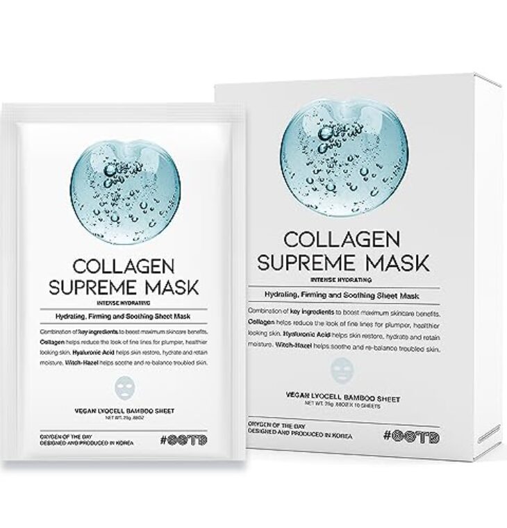 #OOTD Collagen Hydrating Sheet Masks for Face Korean Anti Aging Mask Sheet for Dry Skin & Sensitive Skin, EVE Vegan, Not Tested on Animals, No Parabens, No Sulfates, Hyaluronic Acid, Witch Hazel 10EA