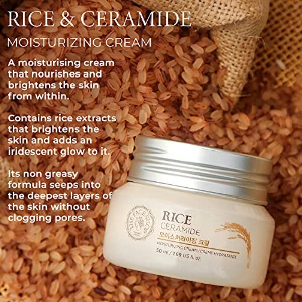 The Face Shop Rice Ceramide Moisturizing Cream - Rice Extract + Rice Bran Oil - Hydrating Targets Dryness, Brightening - Dermatologically Tested - Lightweight Moisturizer Face Cream - Korean Skin Care