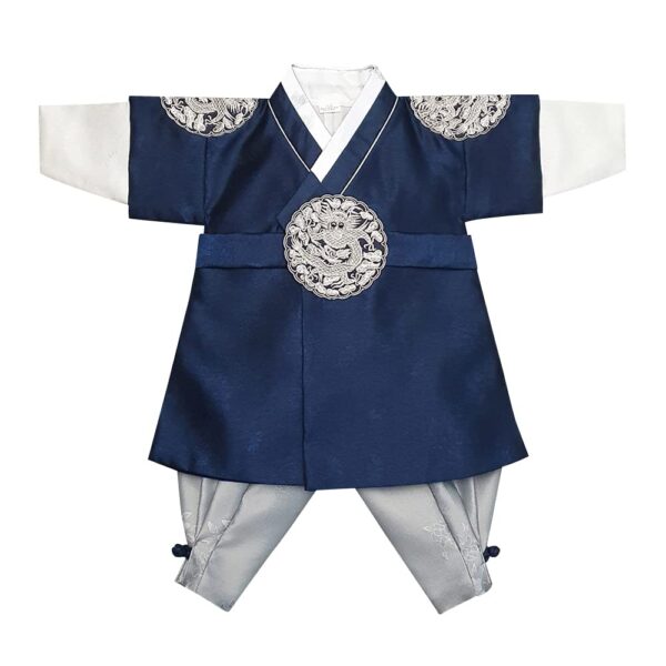 OUJIN I Korean Boy Navy Silver Hanbok 100days~15y/o Korean Traditional Dress Baby Boy Kids Hanbok (Size 1)