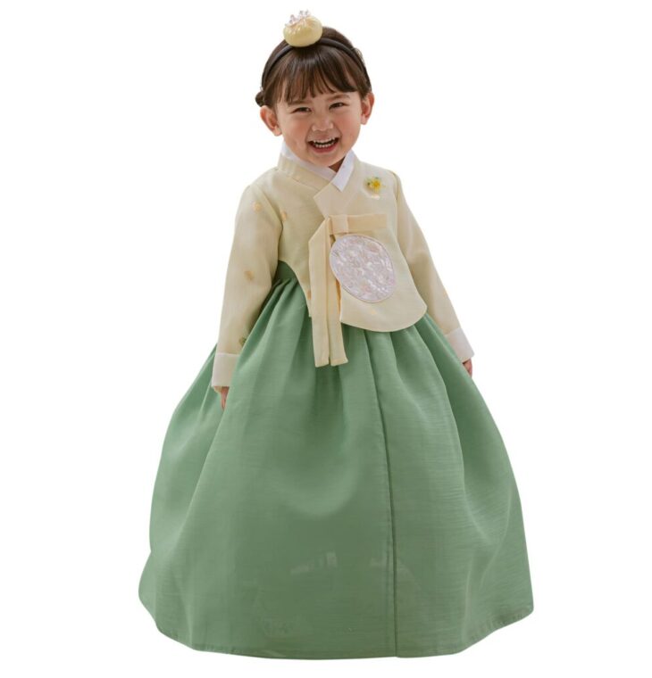 OUJIN I Yellow Dangui Green Girl Hanbok for 1~9y/o Korean Dress Baby Kids Hanbok Dol Baekil (as1, Age, 1_Year)