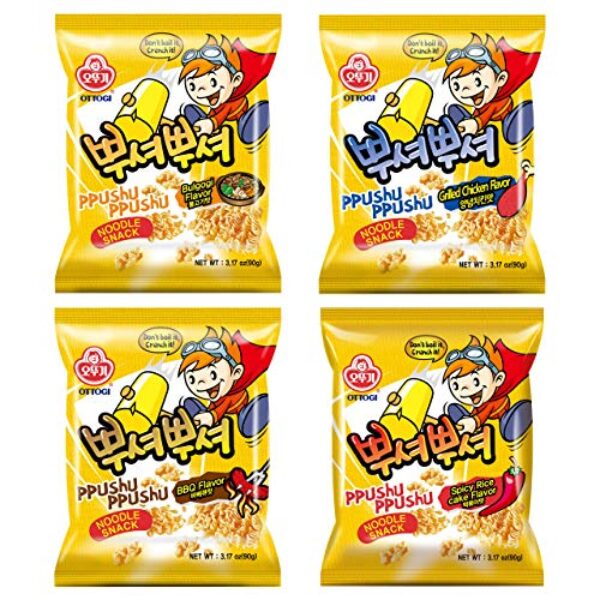 OTTOGI PPUSHU PPUSHU Crush to Eat Noodle Snack- 1 of each Bbq, Bulgogi, Grilled Chicken, Spicy Rice Cake Flavors Variety Pack (90g) - 4 Pack